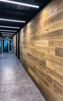 Warehouse 500 - Büroeinrichtung - München 37 Holzvertäfelung an der Wand eines modernen Flurs mit minimalistischer Beleuchtung und einer Glastür im Hintergrund.