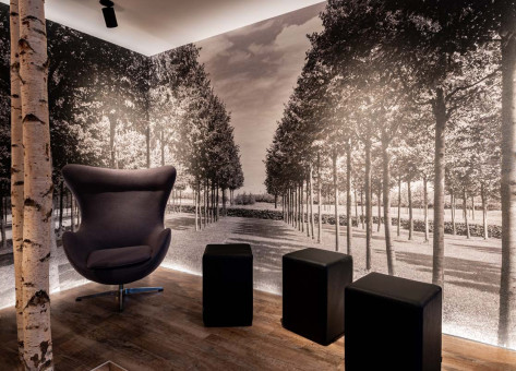 May Landschaftsbau - Büroeinrichtung - Feldkirchen 13 Modern eingerichteter Raum mit einem grauen Sessel, schwarzen Sitzwürfeln und einer großen Schwarz-Weiß-Wandgestaltung von Bäumen.