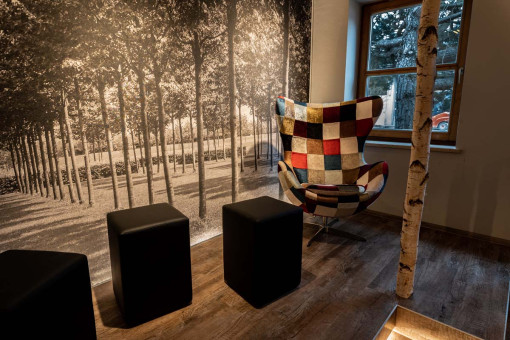 May Landschaftsbau - Büroeinrichtung - Feldkirchen 11 Bequemer Sessel mit quadratischen Kissenmuster vor einer eindrucksvollen Baumwand, umgeben von minimalistischen Hockern.