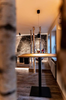 May Landschaftsbau - Büroeinrichtung - Feldkirchen 8 Moderne Innenansicht eines Raumes mit Holzsäulen, minimalistischer Einrichtung und einem Wandbild von birkenbestand.