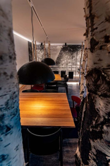 May Landschaftsbau - Büroeinrichtung - Feldkirchen 34 Moderne Restaurant-Innenansicht mit Holztischen, schwarzen Lampen und birkenstammartigen Wänden, stimmungsvolles Ambiente.
