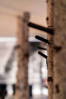 May Landschaftsbau - Büroeinrichtung - Feldkirchen 16 Dornige Nägel stecken in einer mit Birkenrinde verkleideten Holzstruktur, im Hintergrund verschwommene Formen.