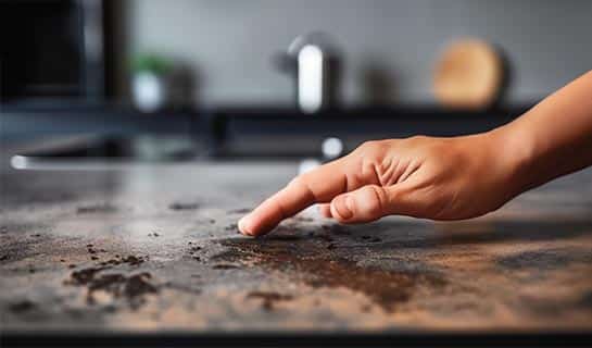 Eine Hand die über eine schmutzige Küchenarbeitsplatte von DEKTON fährt