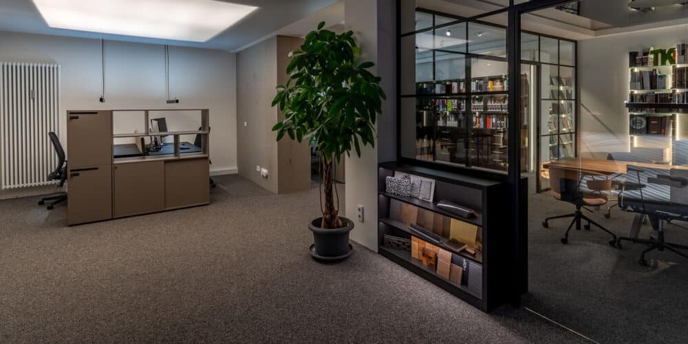 ein Coworking Space mit einer Pflanze einem Arbeitsplatz und einem Konferenzraum darin