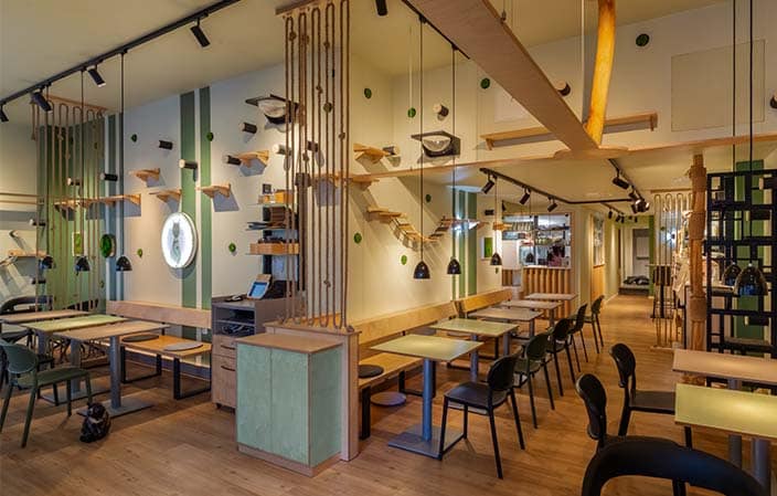 Katzentempel Restaurant mit zwei Tischreihen