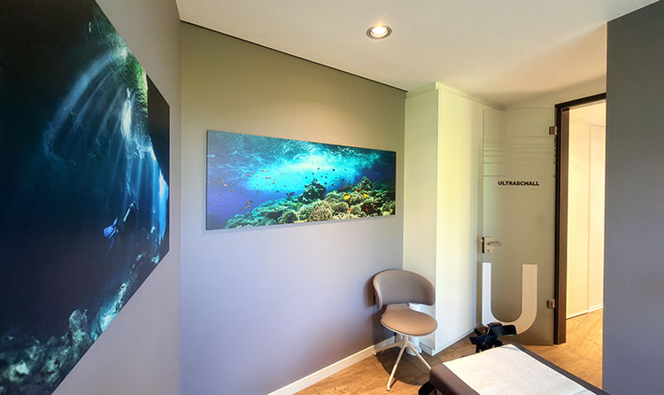 Innensicht eines modernen Raumes mit einer großen Unterwasserlandschaft auf einem Wandbild, einem Stuhl und einer Tür, die mit 'ULTRASCHALL' beschriftet ist.